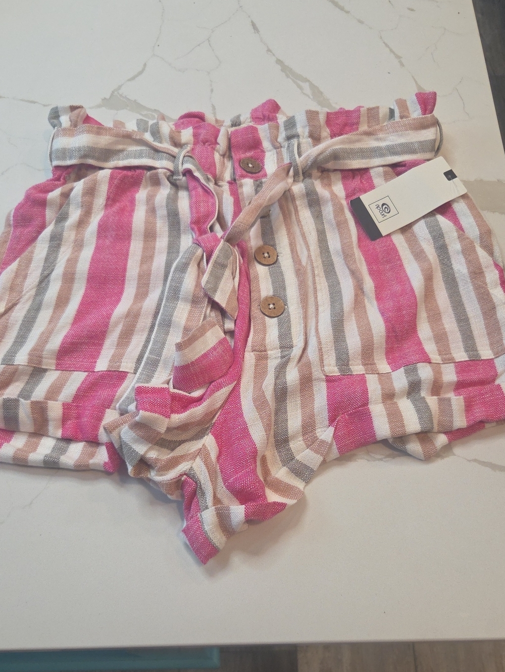 NWT Ripcurl Women’s Striped Paperbag Waist Shorts - Pink Multi